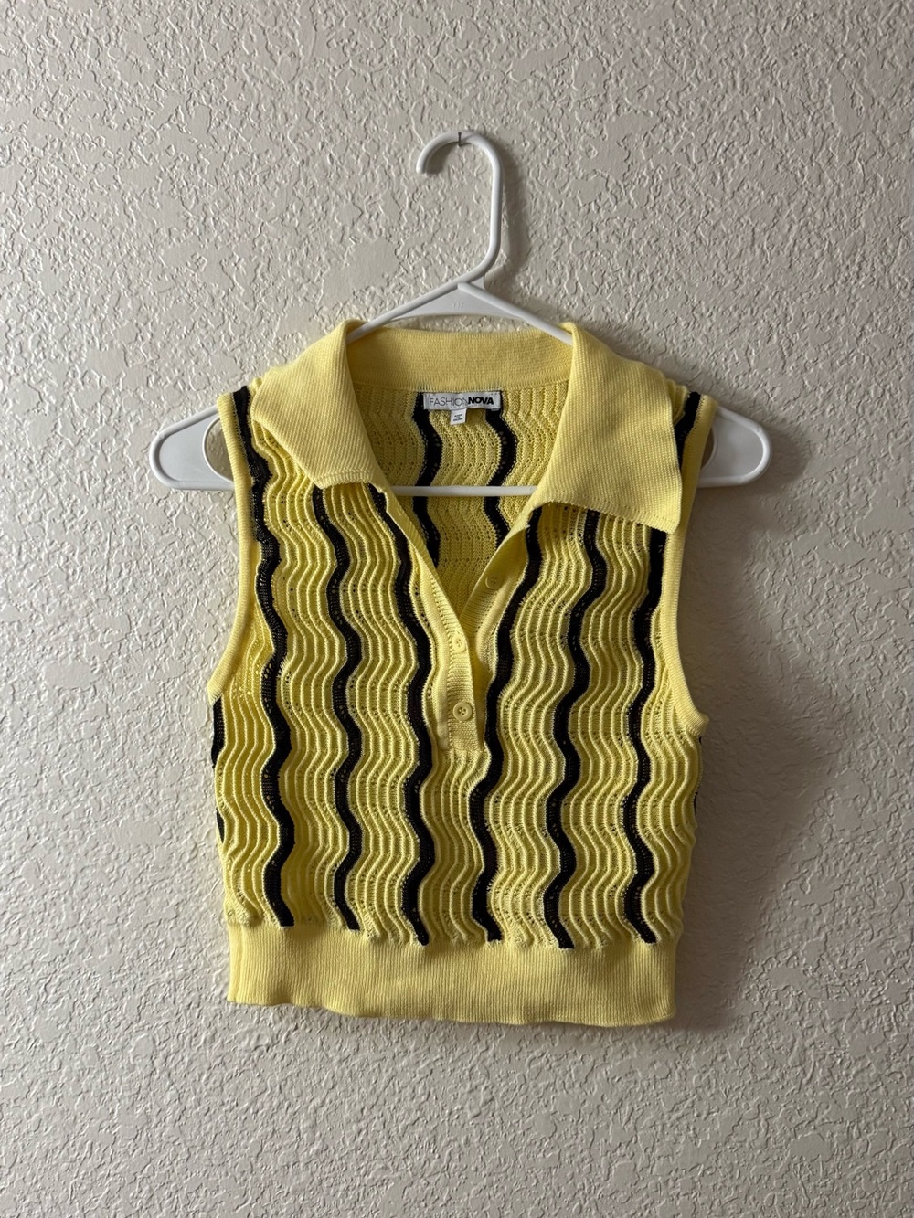 Fashion Nova Yellow Cropped Knit Polo Tank with Black Wave Stripes